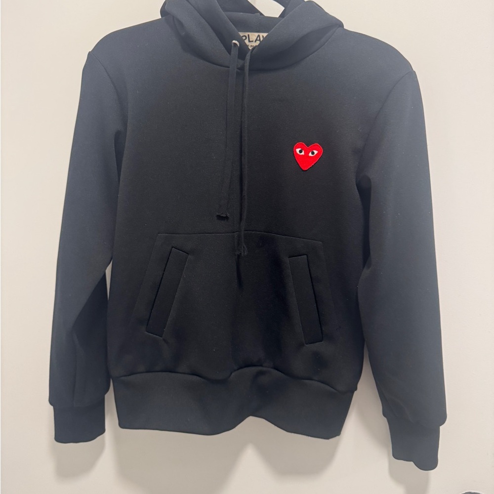 Comme des Garcons Black Hoodie with Red Heart Emblem